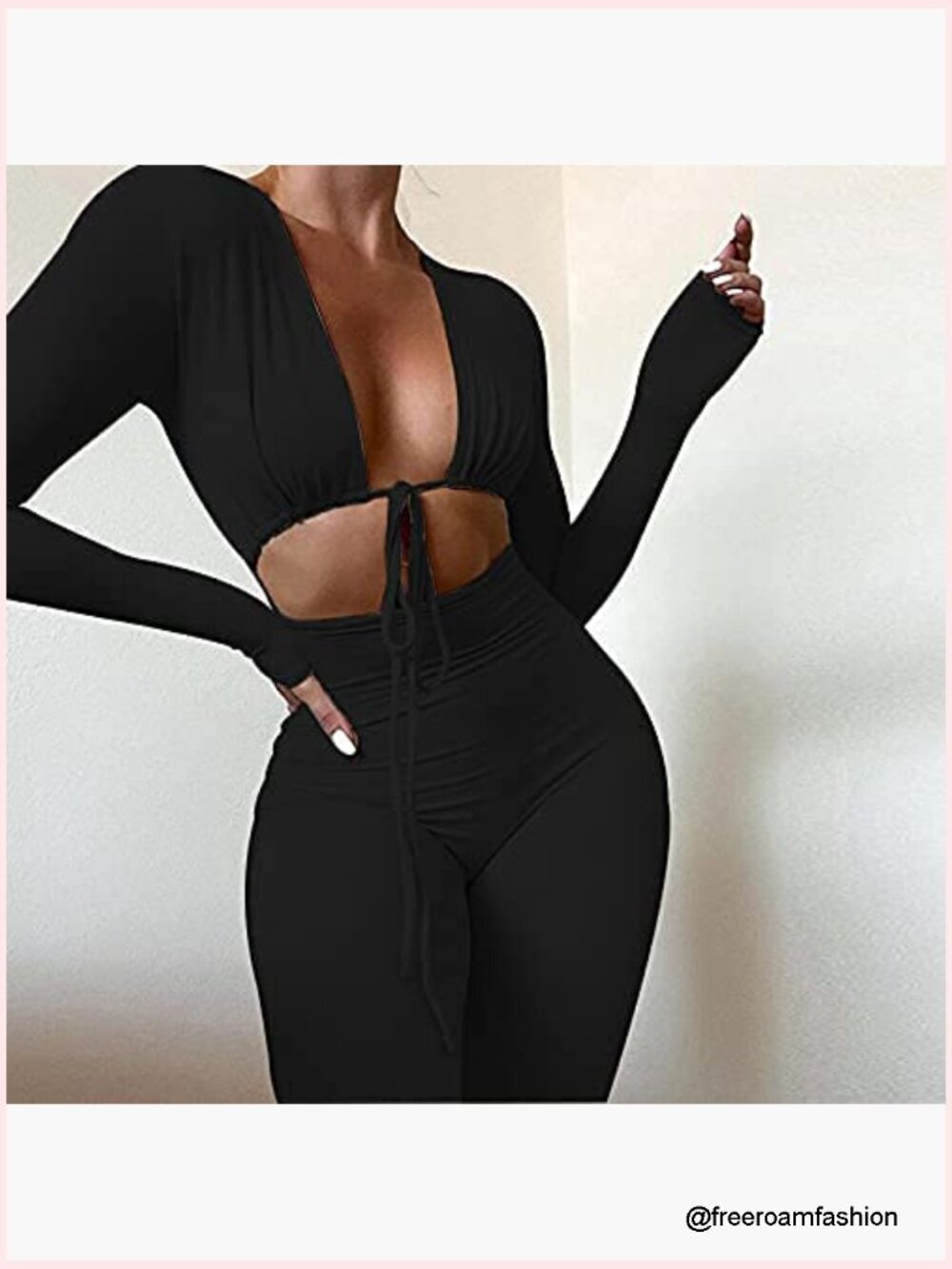 Women's Sexy Cut Out Bodycon Jumpsuit Lace Up Front V Neck One Piece Outfit - Picture 2 of 7
